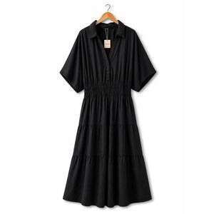 BloomChic Black Tiered Midi Dress Plus Size 28 Collared Short Sleeve NWT